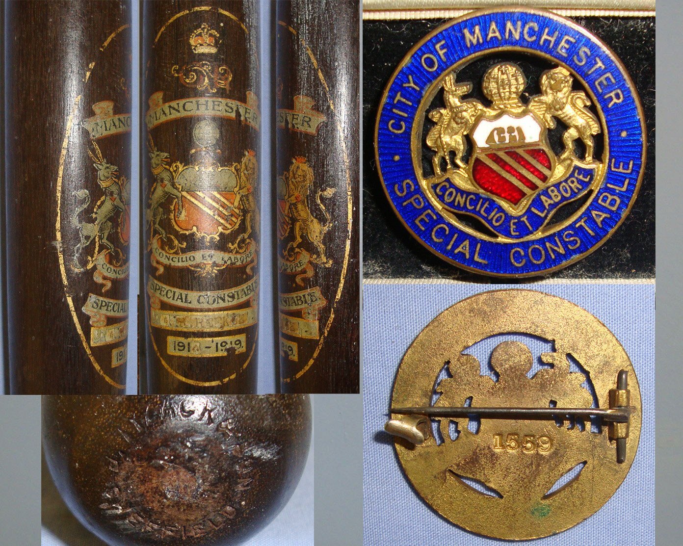 RARE**WW1 Era 1914-1919, Manchester Special Constable\'s Lignum Vitae Tropical Hardwood Polychrome Decorated Presentation Truncheon By J Tyzack & Son Sheffield With King’s Crown, Heraldic Arms & Associated Cased KC City Of Manchester SC\'s Pin Badge. Sn  Antique & Militaria