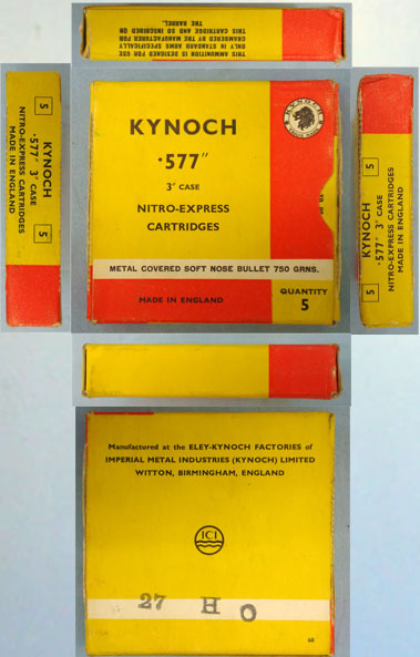  Kynoch INERT DEACTIVATED. British Original 5 Round Carton Of Kynoch .577 x 3 Inch Nitro Express Cartridges. - O 1952  Other Ammunition
