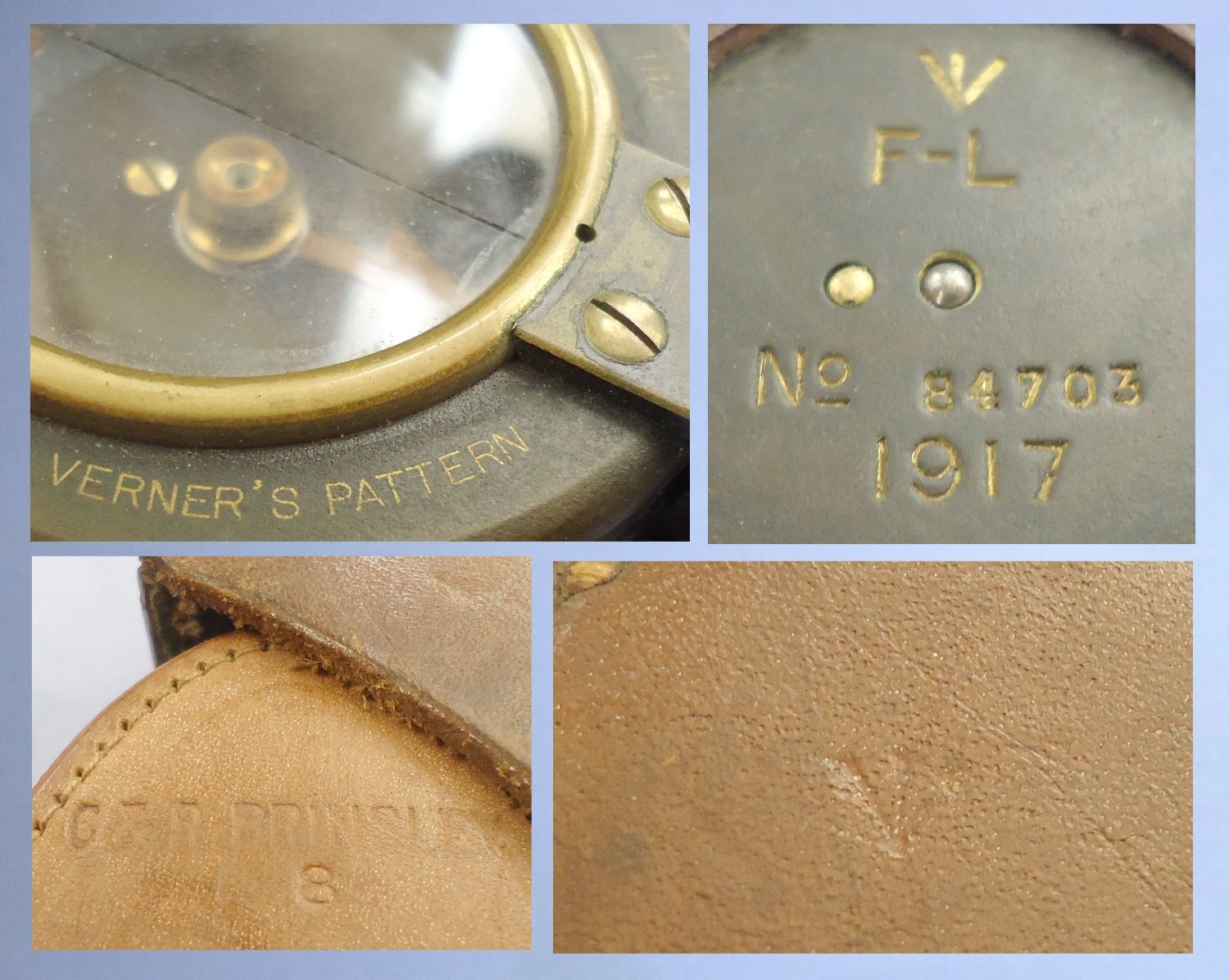  Cased, WW1 1917 British WD Officer\'s F-L Swiss Made Verner\'s Pattern MK VIII Military Marching Compass & WW1 1918 Brown Leather Case by C & R Brinsley with Shoulder Strap. MISC 826. Cased, WW1 1917 British WD Officer's F-L Swiss Made Verner's Pattern MK VIII Military Marching Compass & WW1 1918 Brown Leather Case by C & R Brinsley with Shoulder Strap. MISC 826.  Antique & Militaria