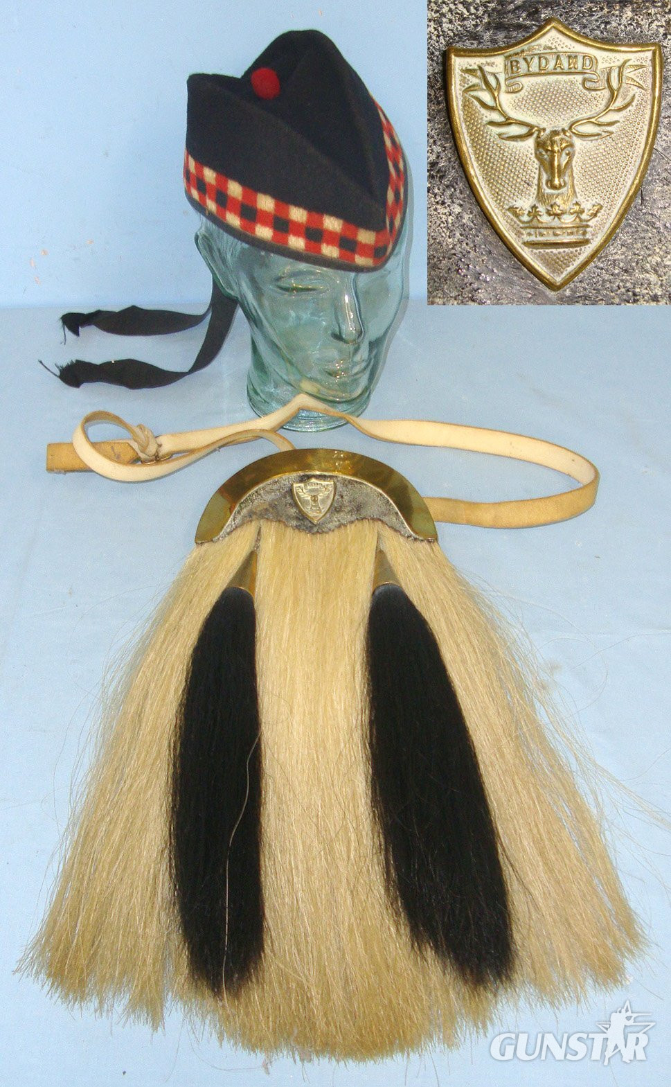 WW1 Era Scottish Gordon Highlanders Volunteer Battalions Other Ranks 2 Tassel Horse Hair Sporran With Leather Pouch & Regiment Badge, Period Leather Trimmed Glengarry Cap With Tassels. Sn 22553:9  Clothing in 