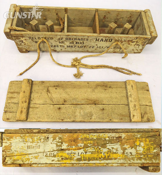 British, WW2 Era, Mills No 36 Hand Grenade Wooden Box G.36 Mark I For 12 36 M grenades and accessories. Sn - 21195 British, WW2 Era, Mills No 36 Hand Grenade Wooden Box G.36 Mark I For 12 36 M grenades and accessories. Sn - 21195  Other Ammunition in 
