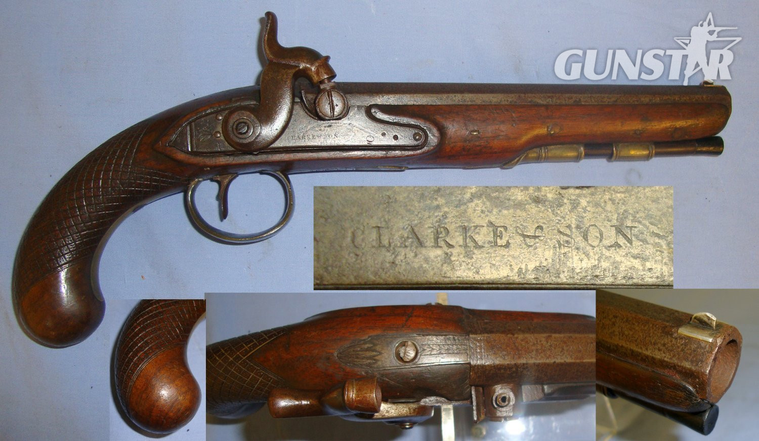 1790-1829 English Clarke & Son London Percussion .577 Regulation Calibre Traveling Pistol With Brass Fittings Period Converted From Flintlock With Octagonal Barrel & Ram Rod. Sn 21393:18 .577 Muzzleloader in 