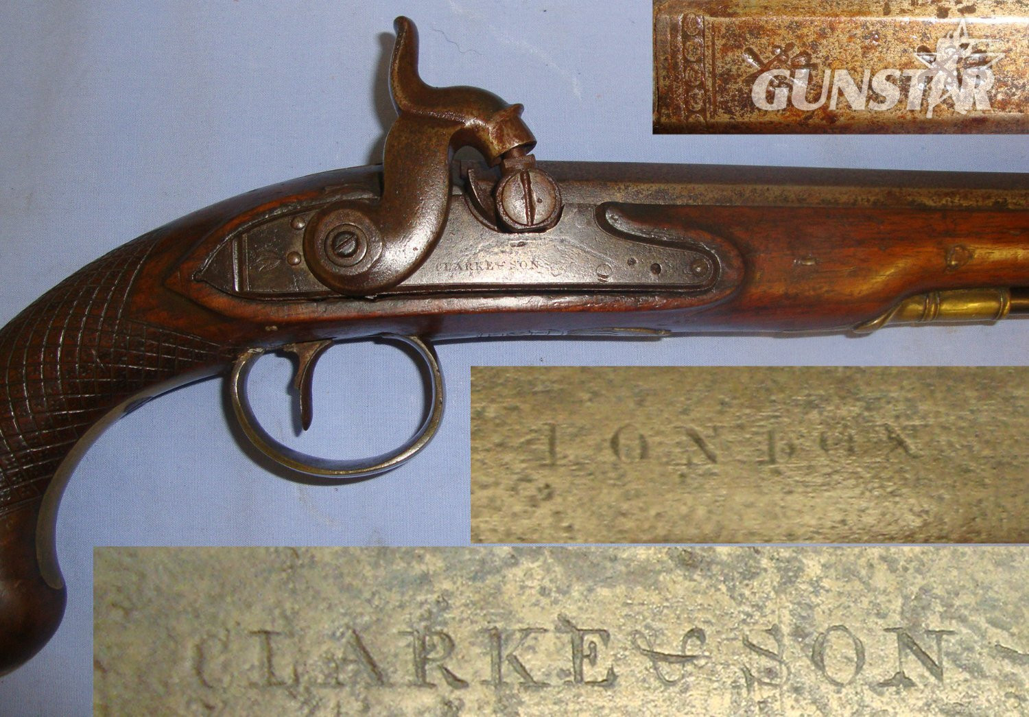 1790-1829 English Clarke & Son London Percussion .577 Regulation Calibre Traveling Pistol With Brass Fittings Period Converted From Flintlock With Octagonal Barrel & Ram Rod. Sn 21393:18 .577 Muzzleloader