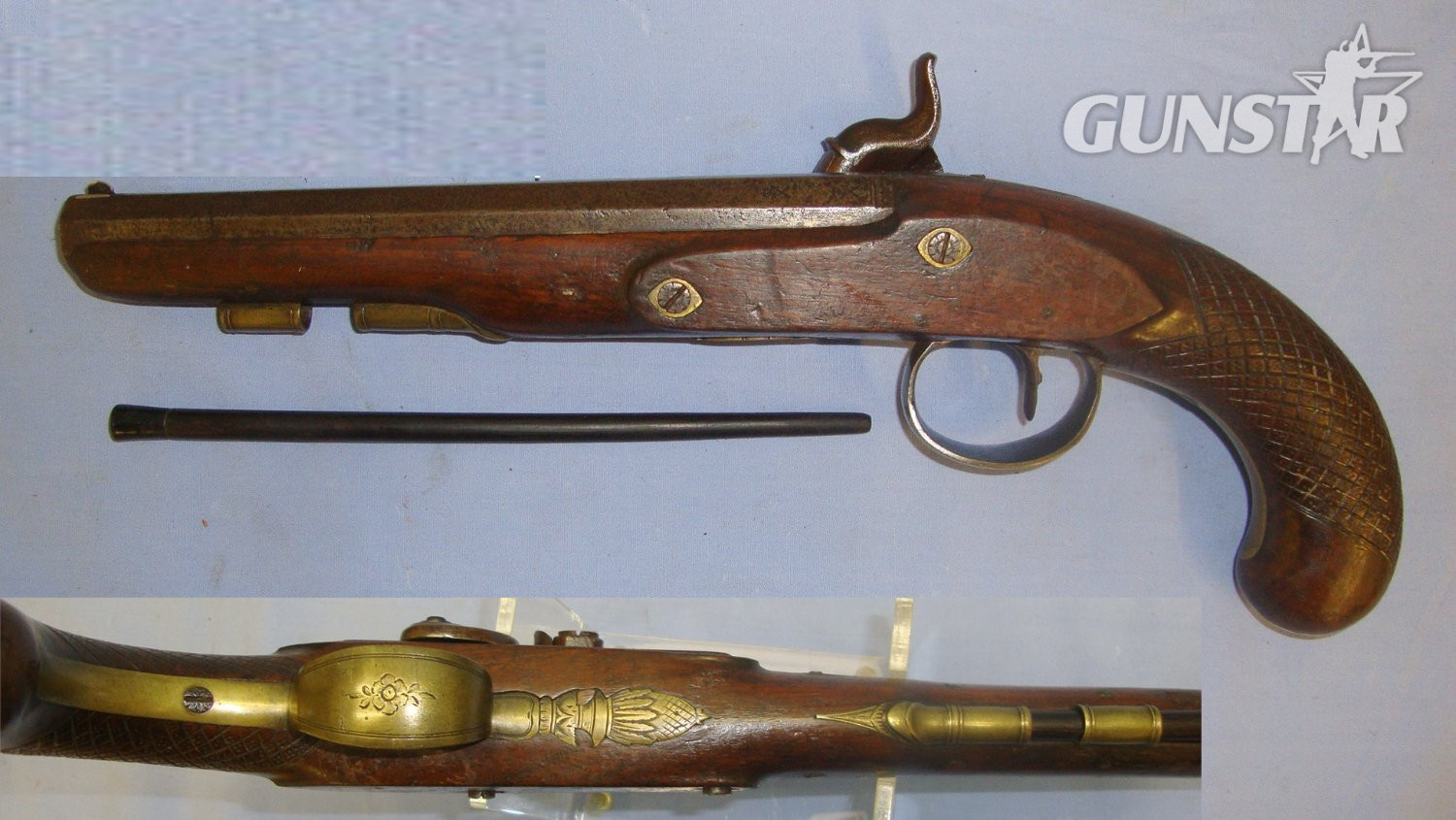  1790-1829 English Clarke & Son London Percussion .577 Regulation Calibre Traveling Pistol With Brass Fittings Period Converted From Flintlock With Octagonal Barrel & Ram Rod. Sn 21393:18 .577 Muzzleloader