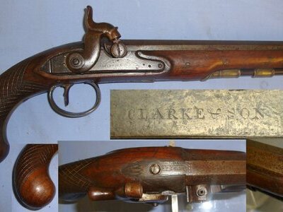 1790-1829 English Clarke & Son London Percussion .577 Regulation Calibre Traveling Pistol With Brass Fittings Period Converted From Flintlock With Octagonal Barrel & Ram Rod. Sn 21393:18 .577 Muzzleloader