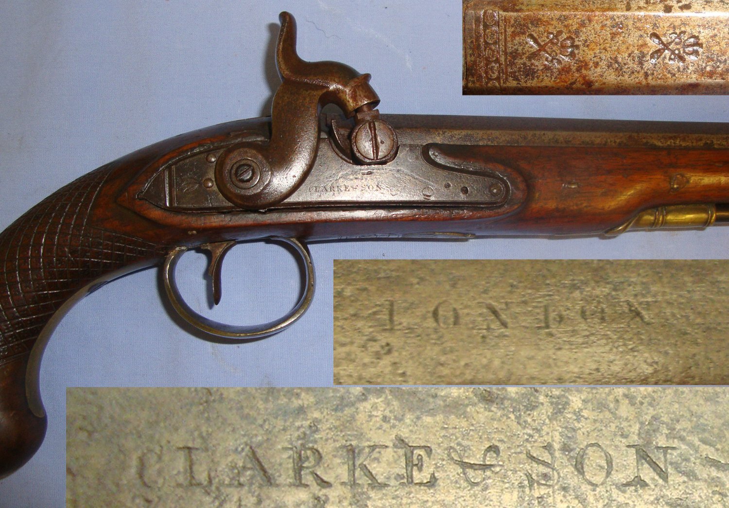 1790-1829 English Clarke & Son London Percussion .577 Regulation Calibre Traveling Pistol With Brass Fittings Period Converted From Flintlock With Octagonal Barrel & Ram Rod. Sn 21393:18 .577 Muzzleloader