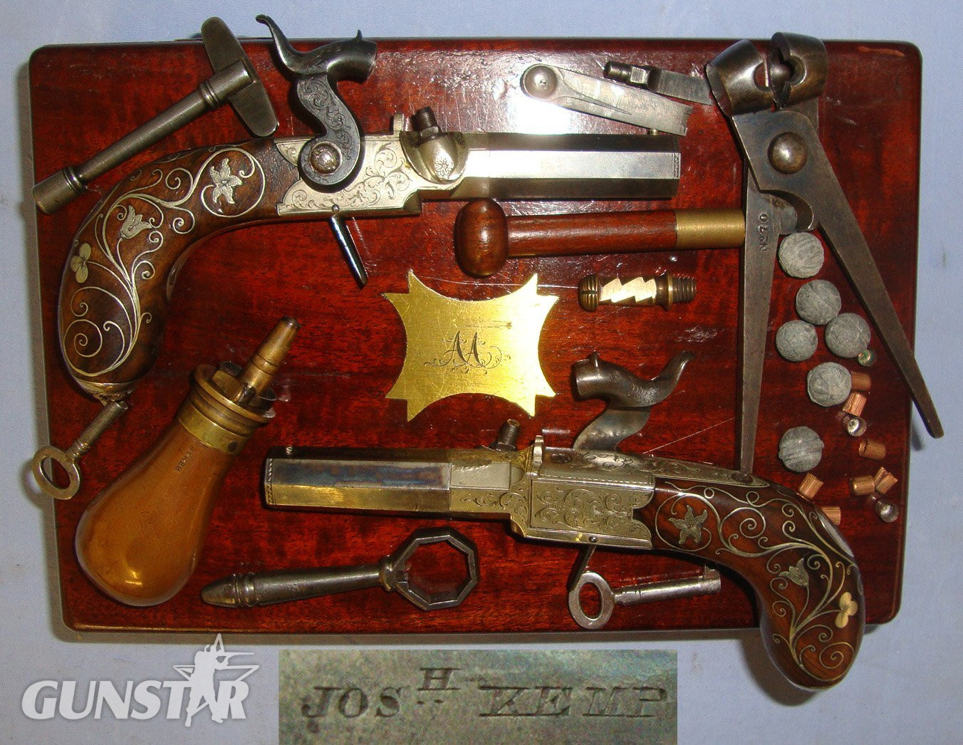 QUALITY**ORNATE SILVER MOUNTED**C1841-1849 Cased Pair Of English Joseph Kemp London 80 Bore Percussion Pocket Pistols With English Proofs, Turn Off Barrels & Original Accessories. Sn 22967:1 percussion pistols Various Muzzleloader in 