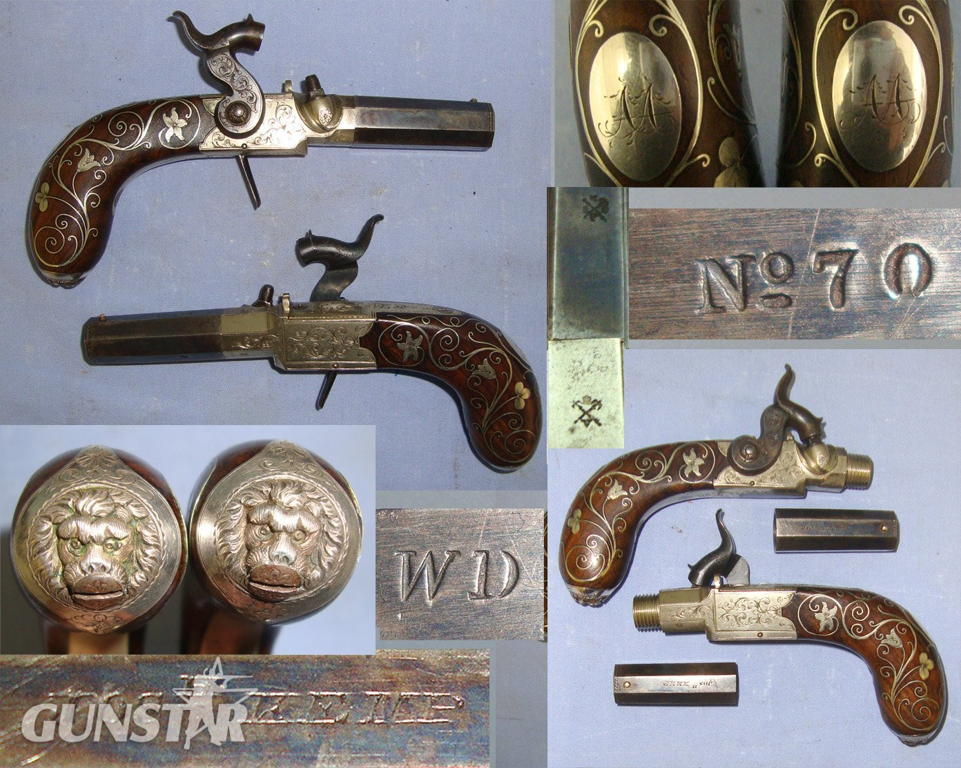 QUALITY**ORNATE SILVER MOUNTED**C1841-1849 Cased Pair Of English Joseph Kemp London 80 Bore Percussion Pocket Pistols With English Proofs, Turn Off Barrels & Original Accessories. Sn 22967:1 percussion pistols Various Muzzleloader