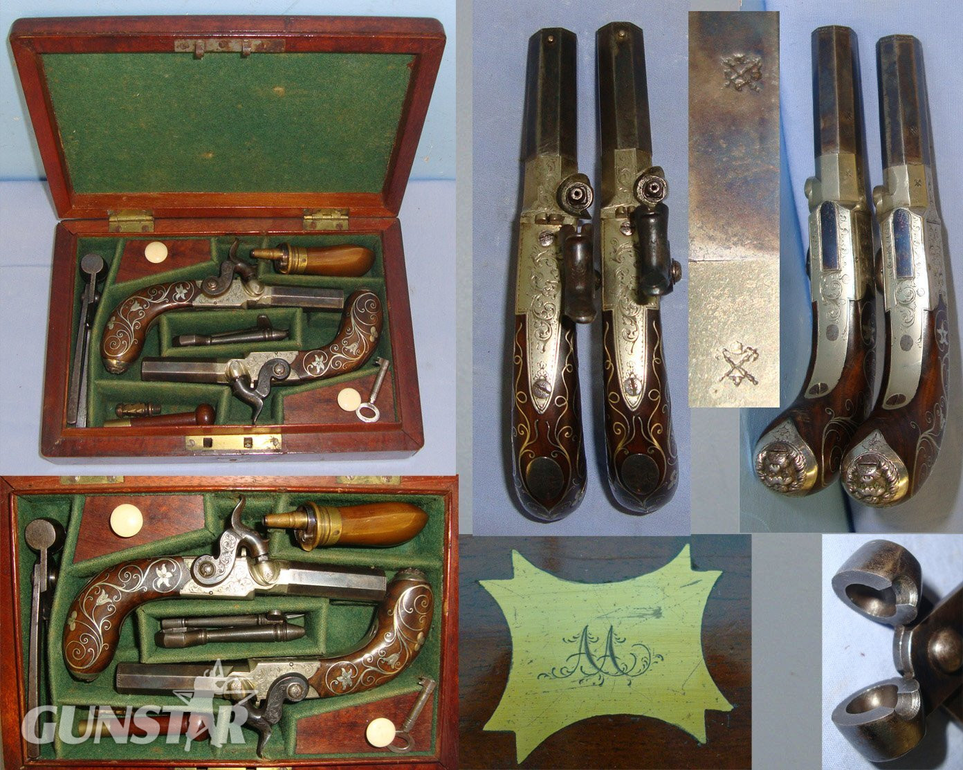  QUALITY**ORNATE SILVER MOUNTED**C1841-1849 Cased Pair Of English Joseph Kemp London 80 Bore Percussion Pocket Pistols With English Proofs, Turn Off Barrels & Original Accessories. Sn 22967:1 percussion pistols Various Muzzleloader