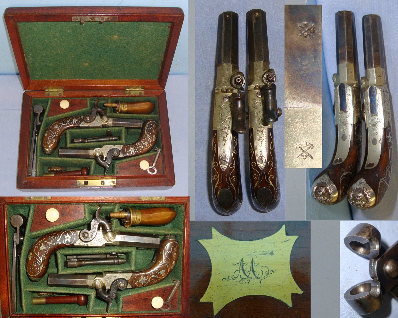  QUALITY**ORNATE SILVER MOUNTED**C1841-1849 Cased Pair Of English Joseph Kemp London 80 Bore Percussion Pocket Pistols With English Proofs, Turn Off Barrels & Original Accessories. Sn 22967:1 percussion pistols Various Muzzleloader