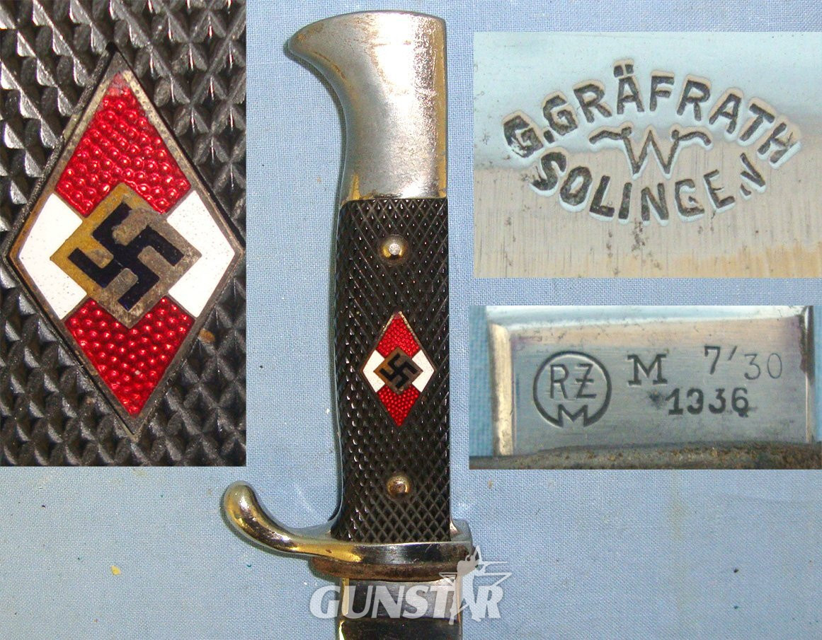 RARE MAKER**1936 Intermediate Production Nazi German Hitler Youth \\\'HJ\\\' Dagger With RZM M7/30 & Maker Gebrüder Gräfrath Solingen Marks & Scabbard With Integral Frog. Sn 22383 Dagger in 