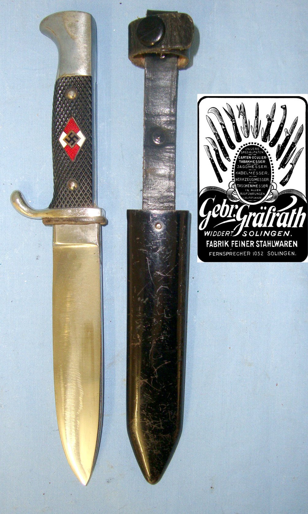 RARE MAKER**1936 Intermediate Production Nazi German Hitler Youth \\\'HJ\\\' Dagger With RZM M7/30 & Maker Gebrüder Gräfrath Solingen Marks & Scabbard With Integral Frog. Sn 22383 Dagger