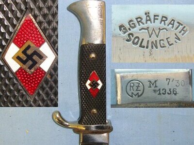RARE MAKER**1936 Intermediate Production Nazi German Hitler Youth \\\'HJ\\\' Dagger With RZM M7/30 & Maker Gebrüder Gräfrath Solingen Marks & Scabbard With Integral Frog. Sn 22383 Dagger
