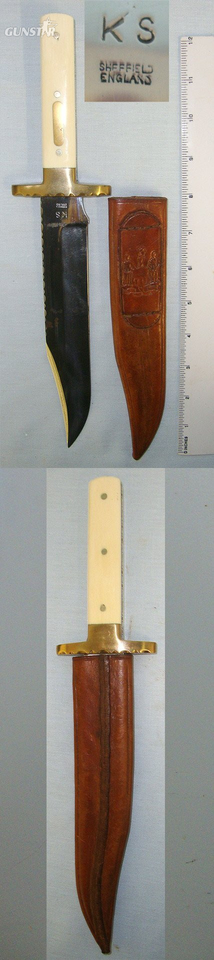 Victorian Era ‘KS’ Sheffield Marked Bowie Knife With Polished Bone Scales & Scabbard . sn 23256 Knive in 