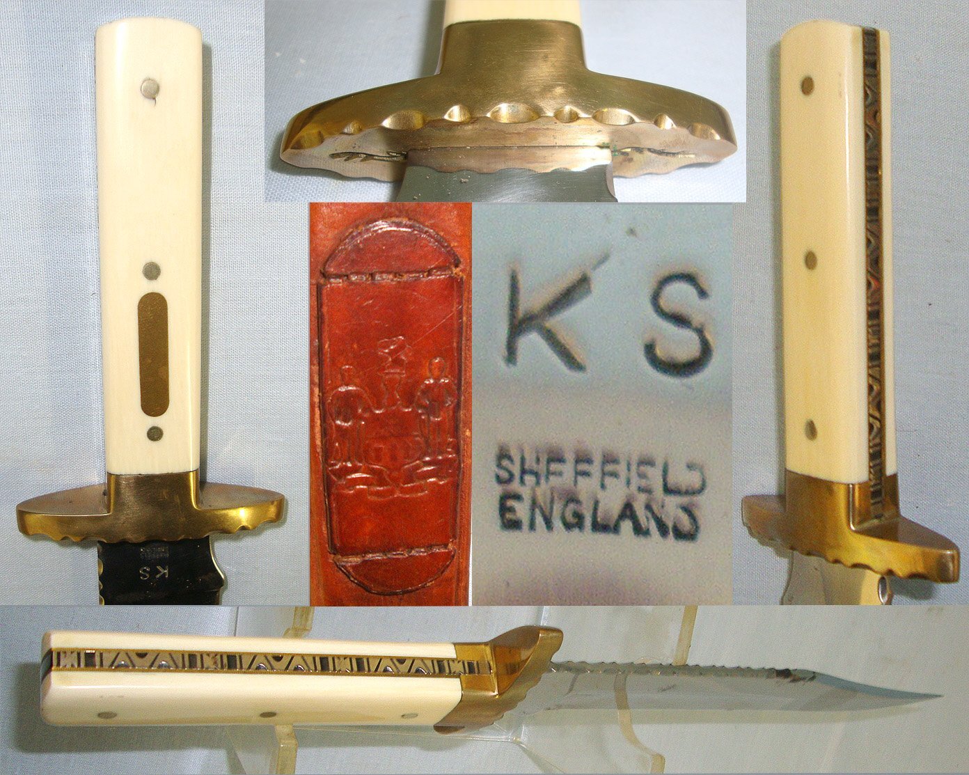 Victorian Era ‘KS’ Sheffield Marked Bowie Knife With Polished Bone Scales & Scabbard . sn 23256 Knive