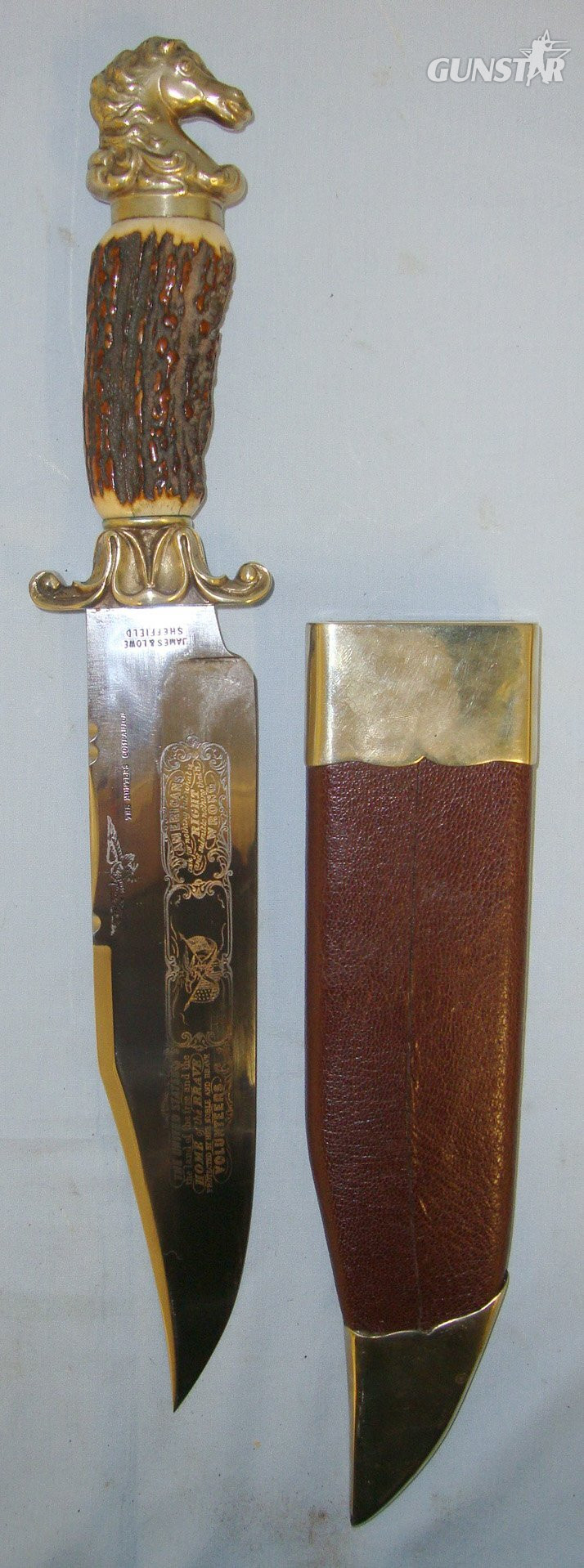MINT*HORSE HEAD POMMEL*English \'Fred James\' ‘James & Lowe’ Sheffield Made Hunter’s Companion \'Land of The Free Home of The Brave \' Bowie Knife With Etched Blade, Stag Antler hilt With Brass Horse Head Pommel & Brass mounted Leather Scabbard. Sn  Hunting Knive in 