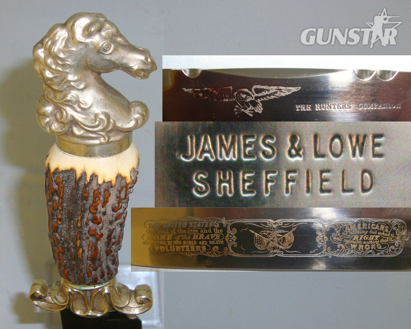 MINT*HORSE HEAD POMMEL*English \'Fred James\' ‘James & Lowe’ Sheffield Made Hunter’s Companion \'Land of The Free Home of The Brave \' Bowie Knife With Etched Blade, Stag Antler hilt With Brass Horse Head Pommel & Brass mounted Leather Scabbard. Sn  Hunting Knive