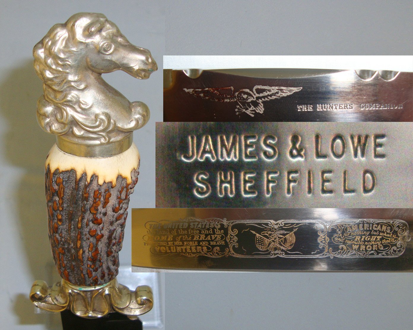 MINT*HORSE HEAD POMMEL*English \'Fred James\' ‘James & Lowe’ Sheffield Made Hunter’s Companion \'Land of The Free Home of The Brave \' Bowie Knife With Etched Blade, Stag Antler hilt With Brass Horse Head Pommel & Brass mounted Leather Scabbard. Sn  Hunting Knive