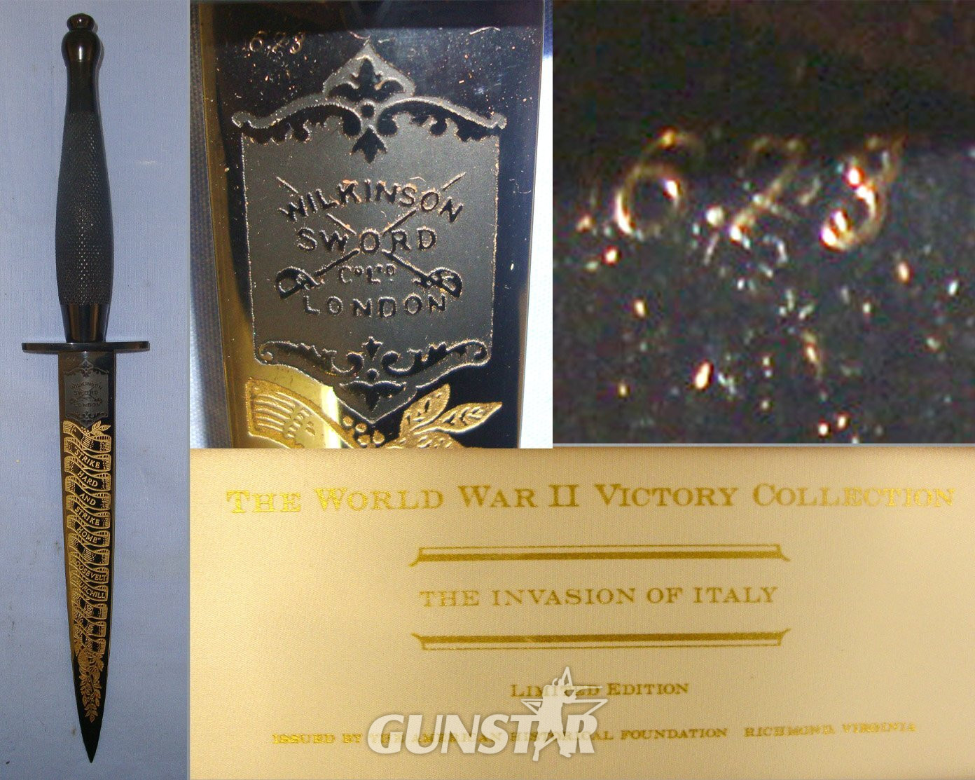 Cased Limited Edition (No.673 of 2,500) Commemorative Fairbairn Sykes 2nd Pattern FS Fighting Knife \'The Invasion Of Italy\' By Wilkinson Sword With Etched Blade From The WW2 Victory Collection By The American Historical Foundation. Sn 21380 Knive in 