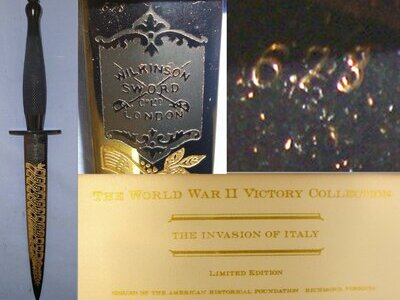 Cased Limited Edition (No.673 of 2,500) Commemorative Fairbairn Sykes 2nd Pattern FS Fighting Knife \'The Invasion Of Italy\' By Wilkinson Sword With Etched Blade From The WW2 Victory Collection By The American Historical Foundation. Sn 21380 Knive