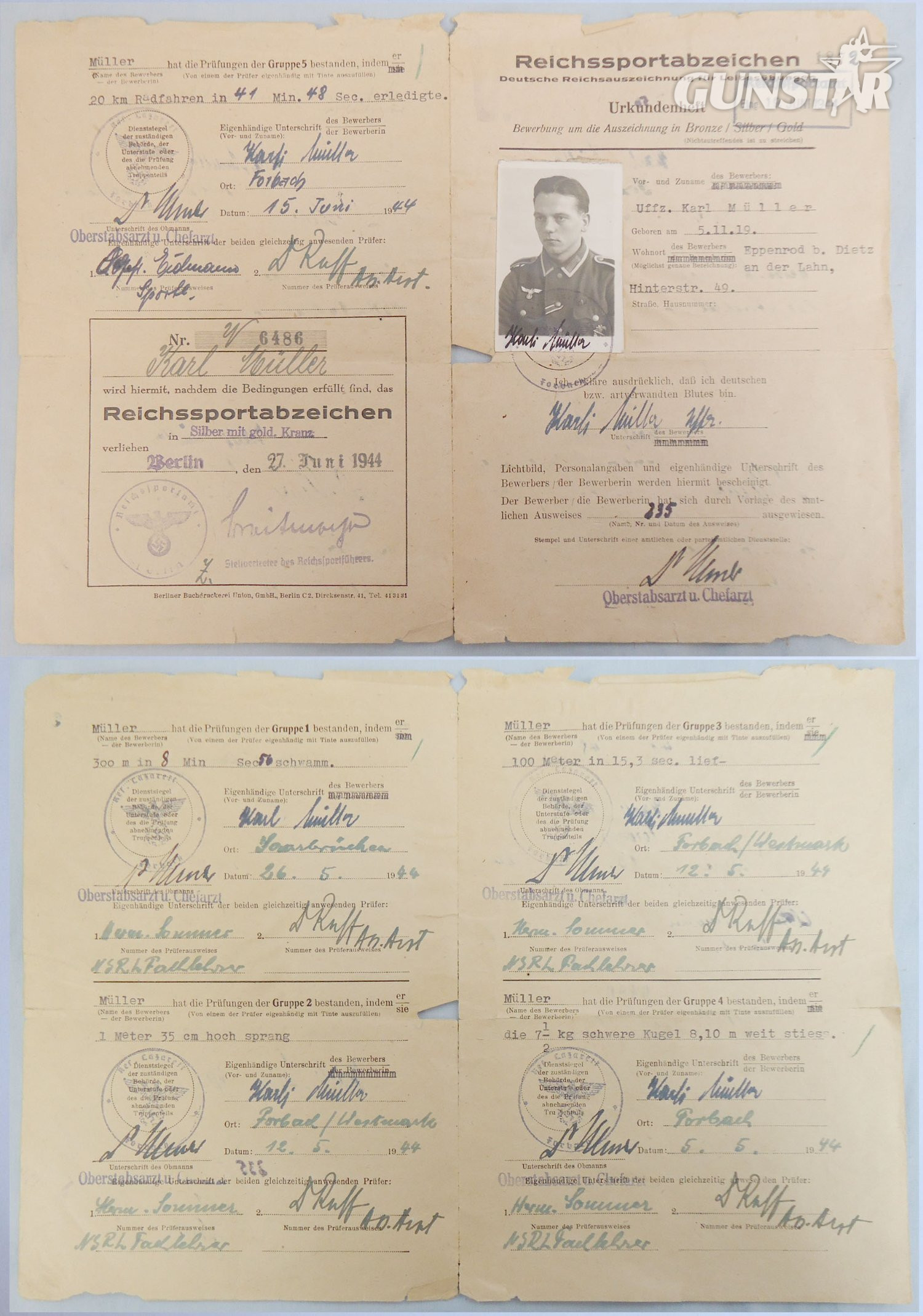Original German WWII D.R.L. Sports Silver with Gold Badge maker marked “Wernstein, Jena” and Multi-Stamped Deutsche Reichssportabzeichen Certificate to a Uffz. Karl Muller Dated 1944. N 177. Original German WWII D.R.L. Sports Silver with Gold Badge maker marked “Wernstein, Jena” and Multi-Stamped Deutsche Reichssportabzeichen Certificate to a Uffz. Karl Muller Dated 1944. N 177. Antique & Militaria