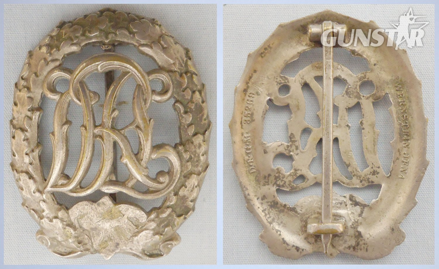  Original German WWII D.R.L. Sports Silver with Gold Badge maker marked “Wernstein, Jena” and Multi-Stamped Deutsche Reichssportabzeichen Certificate to a Uffz. Karl Muller Dated 1944. N 177. Original German WWII D.R.L. Sports Silver with Gold Badge maker marked “Wernstein, Jena” and Multi-Stamped Deutsche Reichssportabzeichen Certificate to a Uffz. Karl Muller Dated 1944. N 177. Antique & Militaria