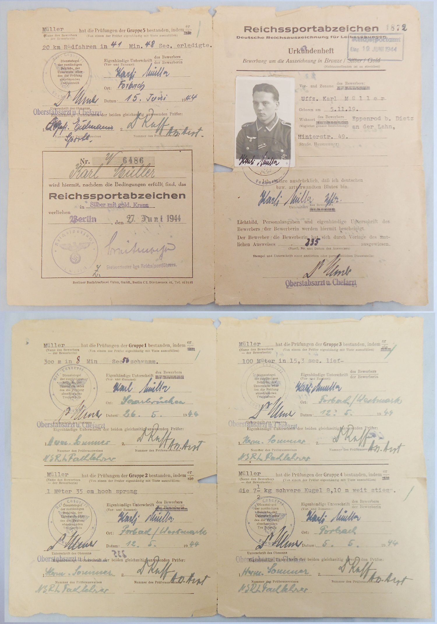 Original German WWII D.R.L. Sports Silver with Gold Badge maker marked “Wernstein, Jena” and Multi-Stamped Deutsche Reichssportabzeichen Certificate to a Uffz. Karl Muller Dated 1944. N 177. Original German WWII D.R.L. Sports Silver with Gold Badge maker marked “Wernstein, Jena” and Multi-Stamped Deutsche Reichssportabzeichen Certificate to a Uffz. Karl Muller Dated 1944. N 177. Antique & Militaria