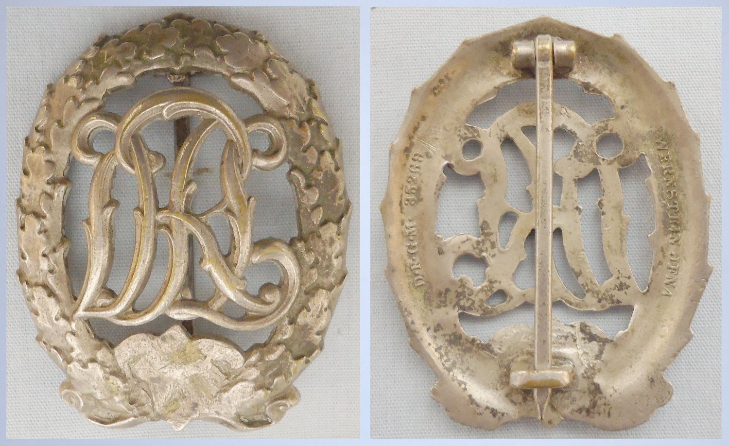  Original German WWII D.R.L. Sports Silver with Gold Badge maker marked “Wernstein, Jena” and Multi-Stamped Deutsche Reichssportabzeichen Certificate to a Uffz. Karl Muller Dated 1944. N 177. Original German WWII D.R.L. Sports Silver with Gold Badge maker marked “Wernstein, Jena” and Multi-Stamped Deutsche Reichssportabzeichen Certificate to a Uffz. Karl Muller Dated 1944. N 177. Antique & Militaria