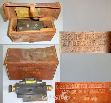 WW2 1943 British WD Ausralian F.Tough Manufactured Vickers Heavy Machine Gun Clinometer Sight MK II With Correct Spirit Level & 1944 Dated Leather Case By JCS. OPT 834 WW2 1943 British WD Ausralian F.Tough Manufactured Vickers Heavy Machine Gun Clinometer Sight MK II With Correct Spirit Level & 1944 Dated Leather Case By JCS. OPT 834 Sight & Optic