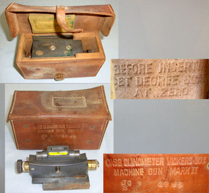 WW2 1943 British WD Ausralian F.Tough Manufactured Vickers Heavy Machine Gun Clinometer Sight MK II With Correct Spirit Level & 1944 Dated Leather Case By JCS. OPT 834 WW2 1943 British WD Ausralian F.Tough Manufactured Vickers Heavy Machine Gun Clinometer Sight MK II With Correct Spirit Level & 1944 Dated Leather Case By JCS. OPT 834 Sight & Optic