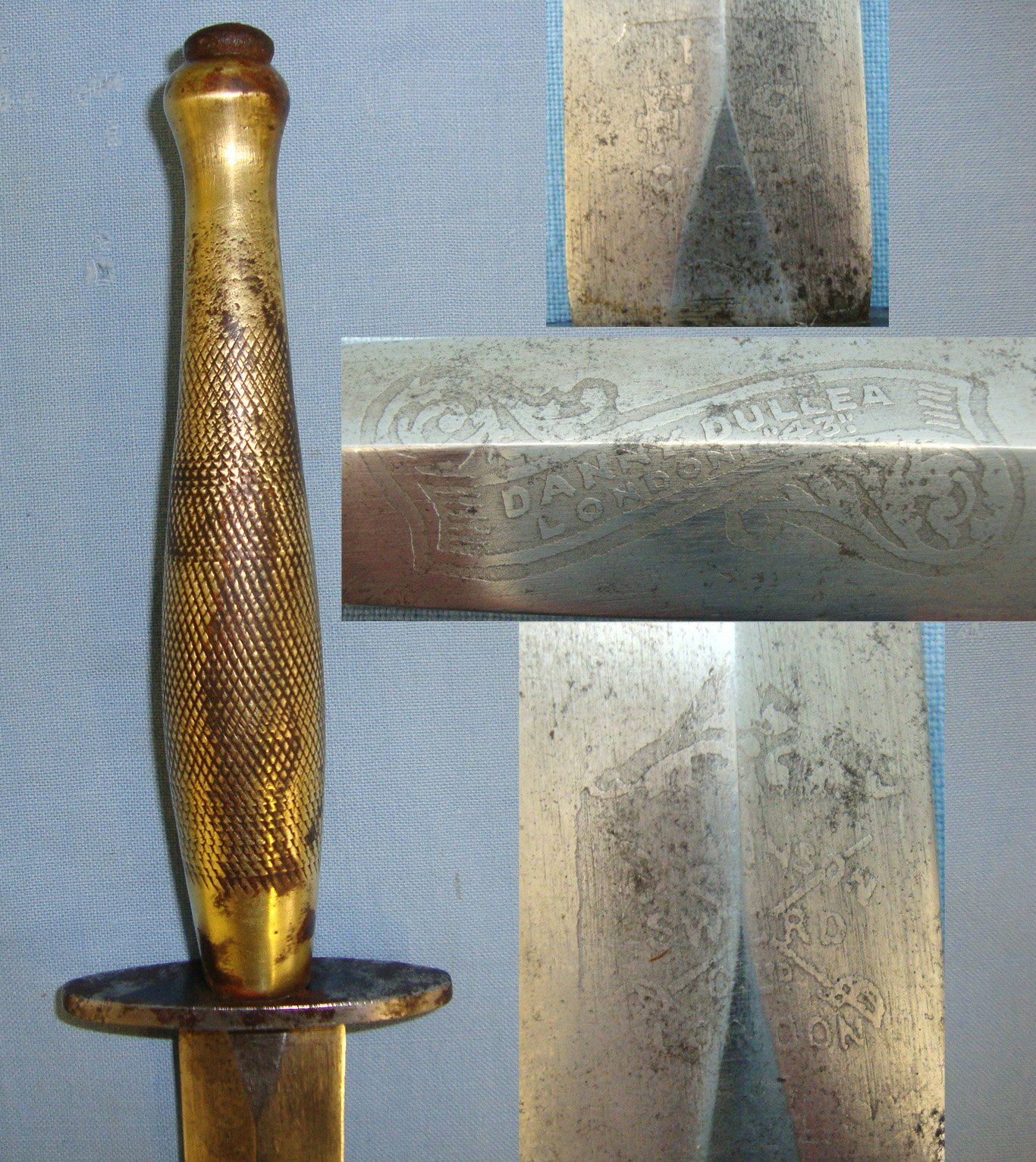 RARE**AS FOUND**WW2 1943 American Or Canadian Soldier’s Private Purchase 2nd Pattern Fairbairn Sykes FS Fighting Knife By Wilkinson Sword With Etched Panels & Banner To ‘Danny Dullea London 43’ & Quality Period Private Purchase Scabbard. Sn 21449 Dagger