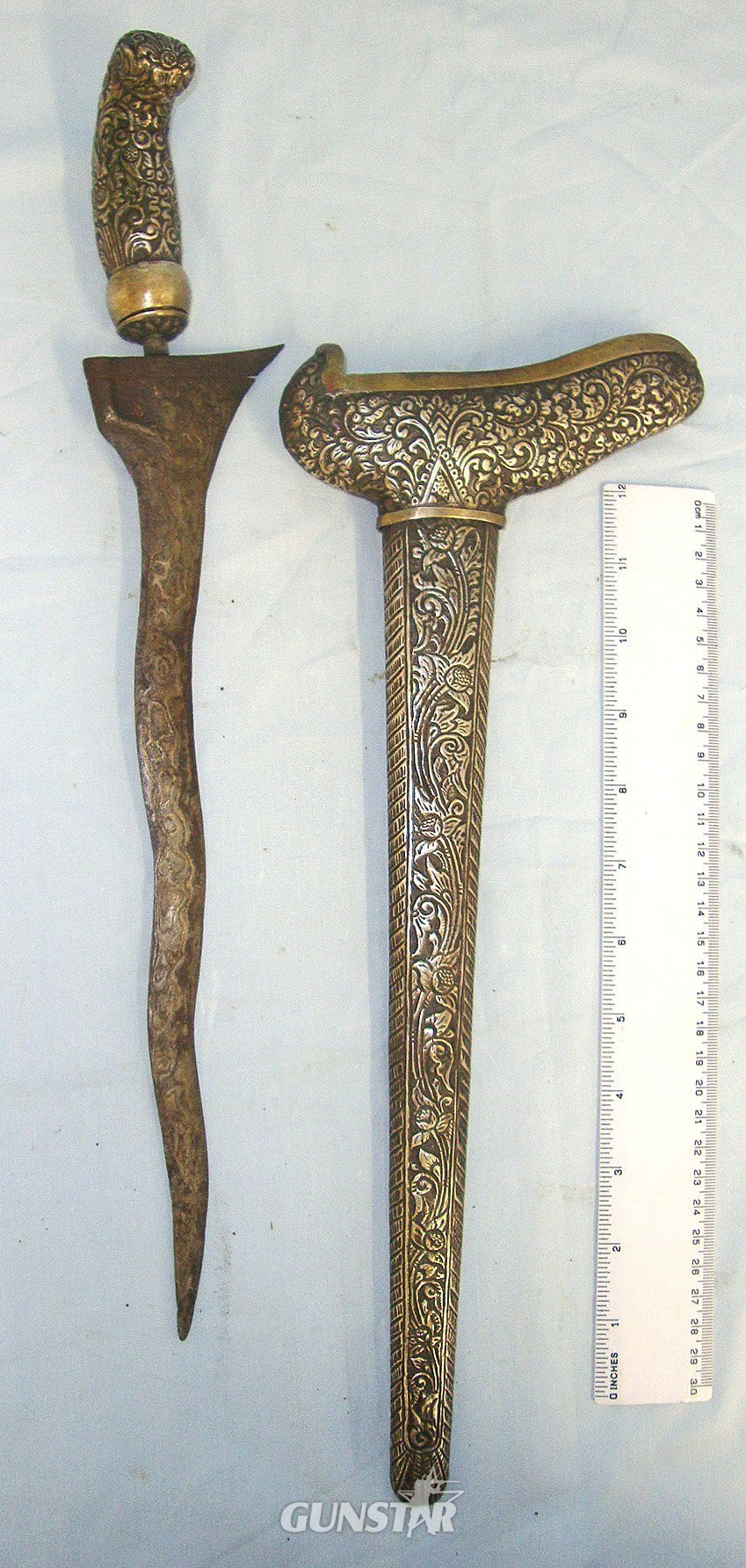 Late 1800's- Early 1900's, Large Malayan Native Kris Dagger With Ornate Metal Hilt & Scabbard, Hand Forged Acid Wash Blade. Sn 23677 Other Blade in 