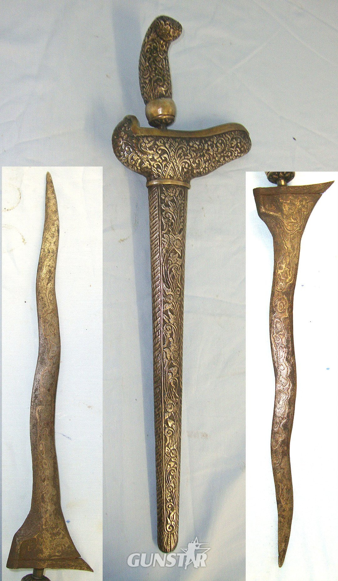 Late 1800's- Early 1900's, Large Malayan Native Kris Dagger With Ornate Metal Hilt & Scabbard, Hand Forged Acid Wash Blade. Sn 23677 Other Blade