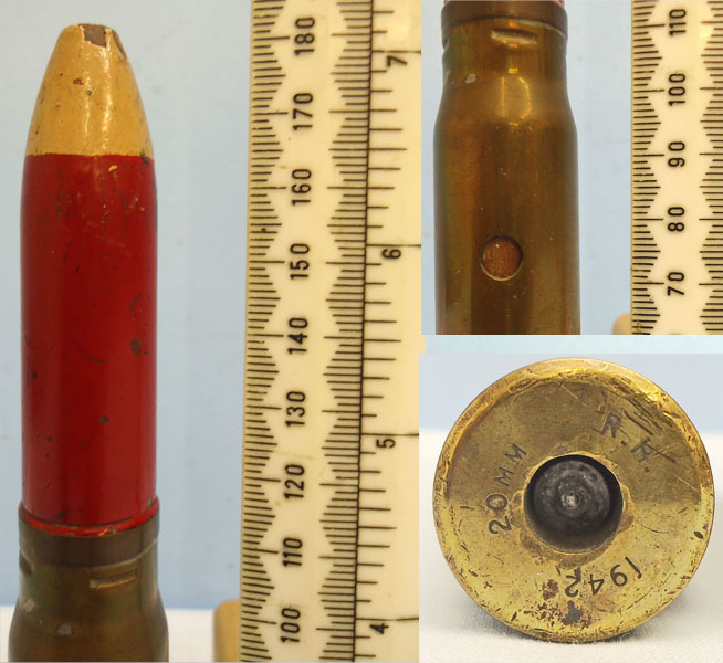  INERT DEACTIVATED. 1942 Dated, Hispano-Suiza (20x110) HS 404 Aircraft Cannon DRILL High Explosive Incendiary (HEI) Round. - O 1810 INERT DEACTIVATED. 1942 Dated, Hispano-Suiza (20x110) HS 404 Aircraft Cannon DRILL High Explosive Incendiary (HEI) Round. - O 1810  Other Ammunition