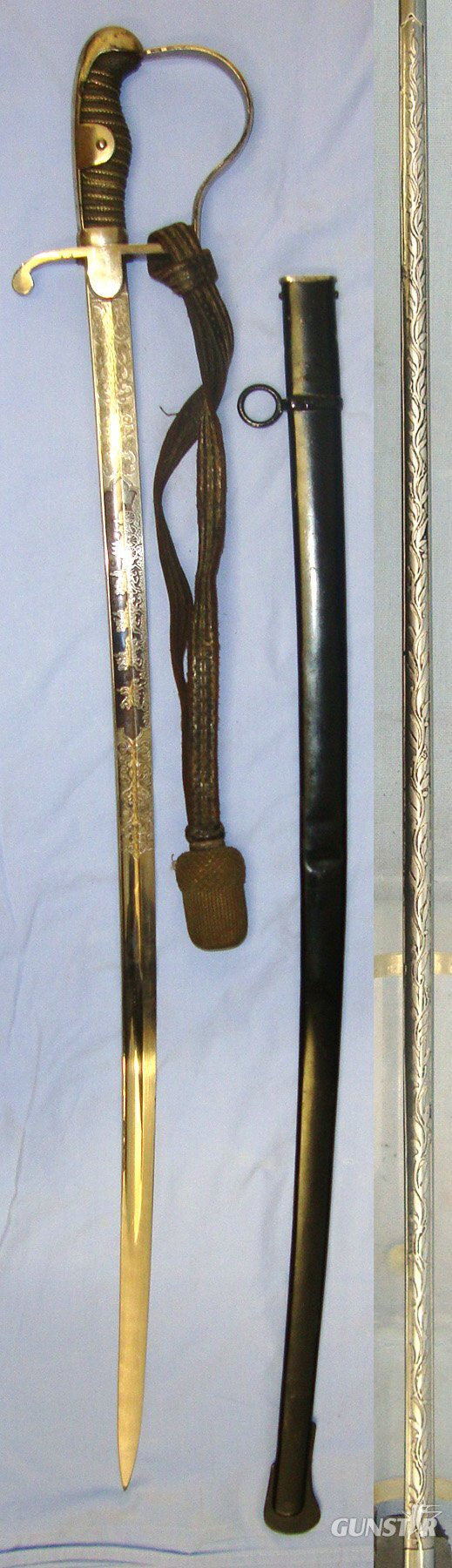  WW1 Era Imperial German Mounted Field Artillery Officer’s Quality Etched & Blued Panels Blade Dress Sword To ‘3 Lothr Feldartill. Reg. Nr 69’ (3rd Battery Field Artillery 69th Regiment) With Bullion Stitched Cord, Portepee & Scabbard. Sn 22871 Sword