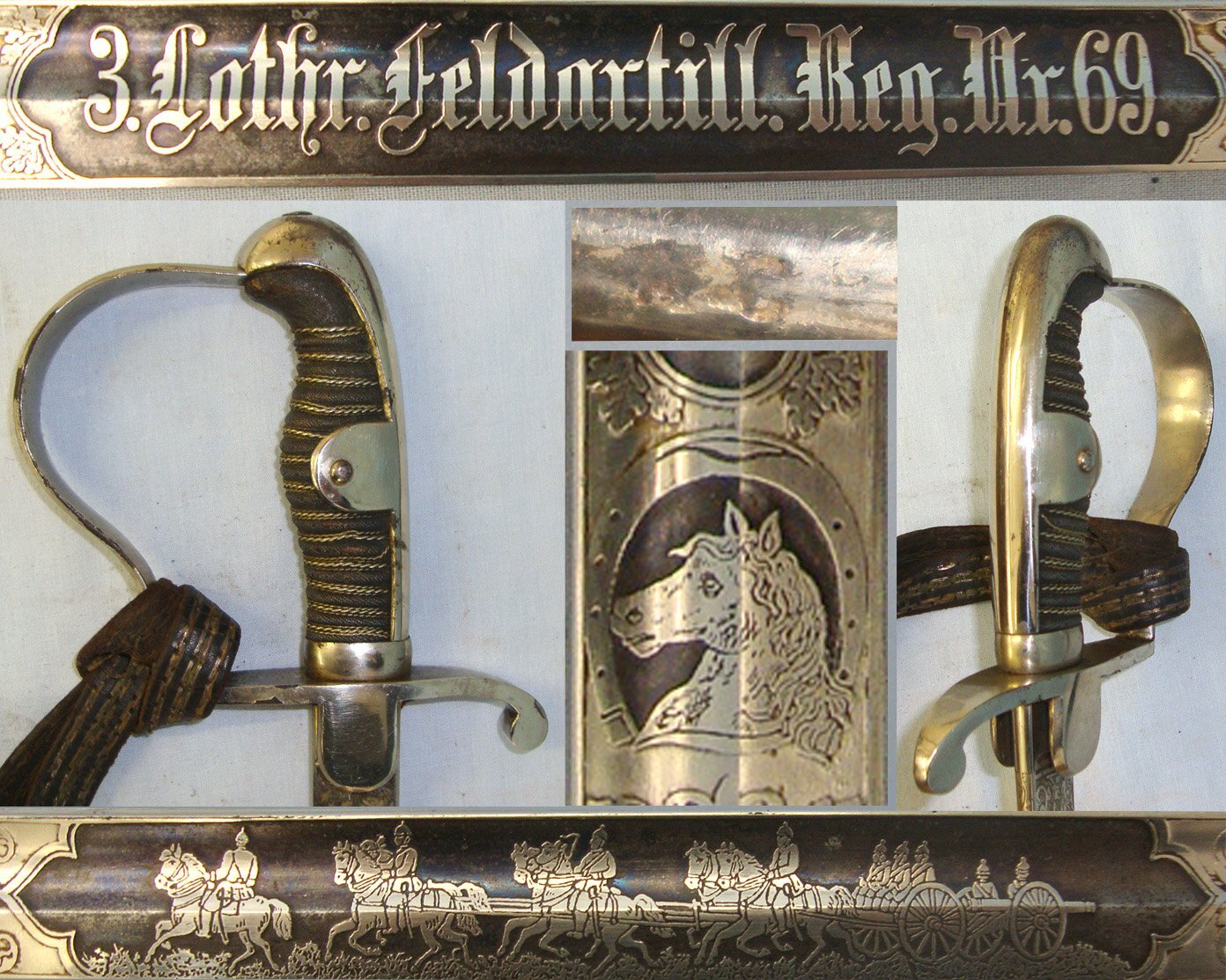 WW1 Era Imperial German Mounted Field Artillery Officer’s Quality Etched & Blued Panels Blade Dress Sword To ‘3 Lothr Feldartill. Reg. Nr 69’ (3rd Battery Field Artillery 69th Regiment) With Bullion Stitched Cord, Portepee & Scabbard. Sn 22871 Sword