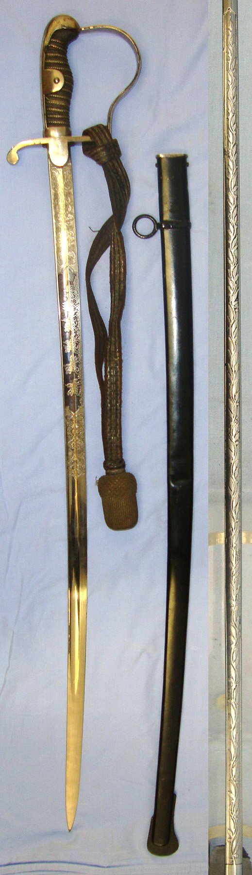  WW1 Era Imperial German Mounted Field Artillery Officer’s Quality Etched & Blued Panels Blade Dress Sword To ‘3 Lothr Feldartill. Reg. Nr 69’ (3rd Battery Field Artillery 69th Regiment) With Bullion Stitched Cord, Portepee & Scabbard. Sn 22871 Sword
