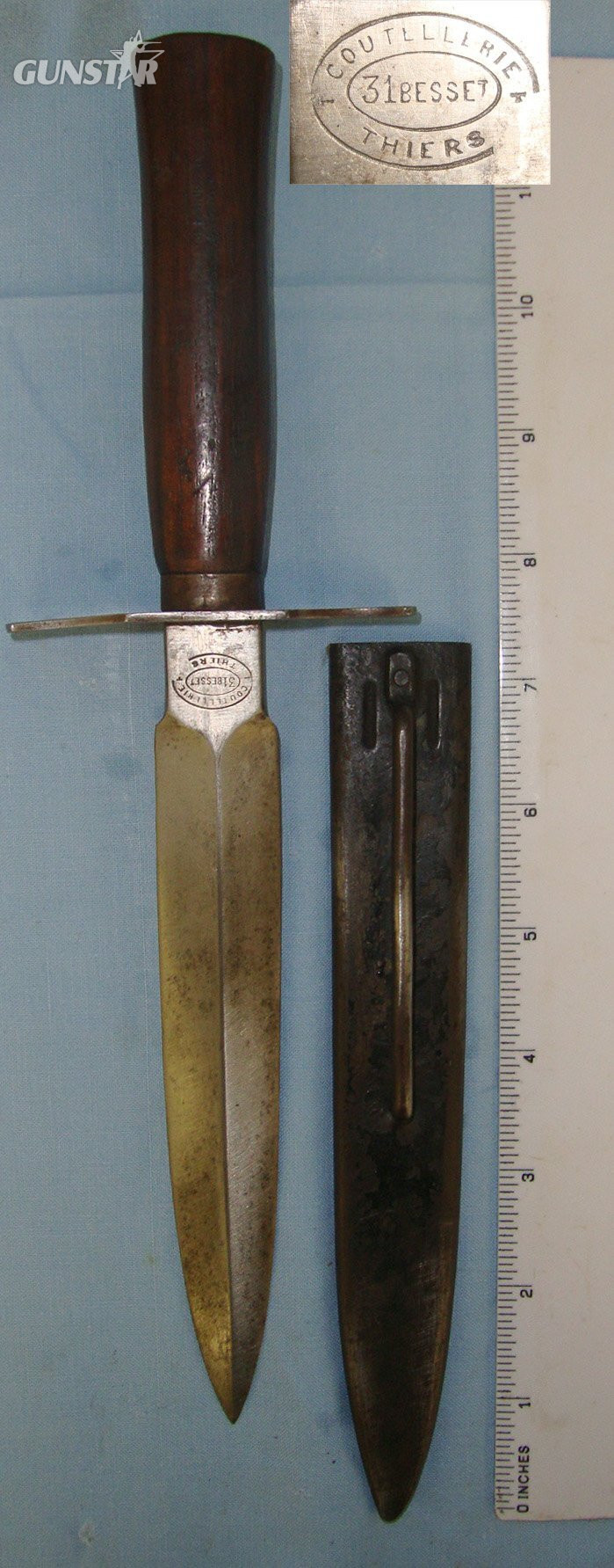 RARE**WW1 French Model 1916 ‘Coutellerie 31 Besset Thiers’ (Variant of \"The Avenger of 1870\") Fighting Knife & Scabbard. Sn 22162:2 Dagger in 