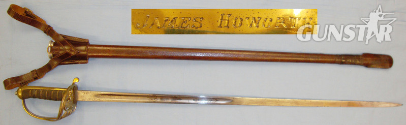 WW1 Era British George V 1845 / 1854 Pattern Infantry Officer’s Sword with Etched Blade Numbered 1301.5, Ordnance Roundel Inlaid To ‘James Howarth’, Scabbard, Leather Field Combat Cover & Frog. Sn 14442 Sword in 