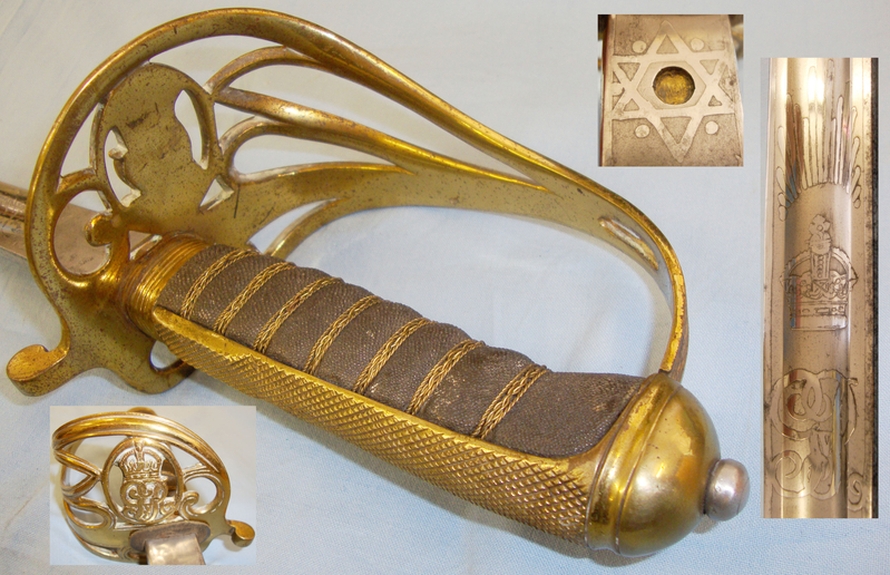 WW1 Era British George V 1845 / 1854 Pattern Infantry Officer’s Sword with Etched Blade Numbered 1301.5, Ordnance Roundel Inlaid To ‘James Howarth’, Scabbard, Leather Field Combat Cover & Frog. Sn 14442 Sword