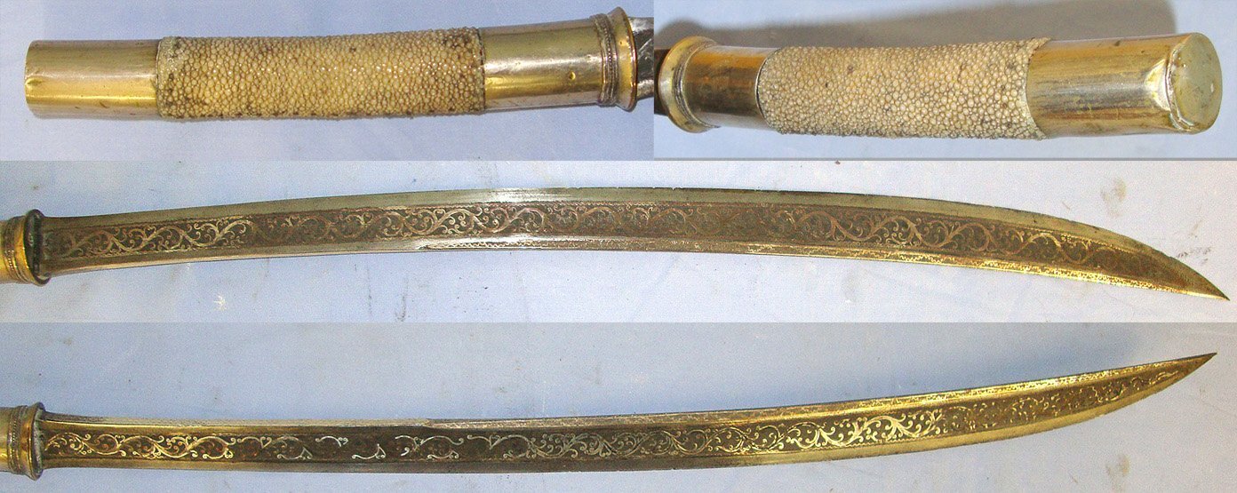 19th Century Indochina / Burmese Dha (aka Dah) Sword With Siver Mounted Fish Skin Covered Hilt & Tropical Wood Scabbard. Sn 23763 Sword
