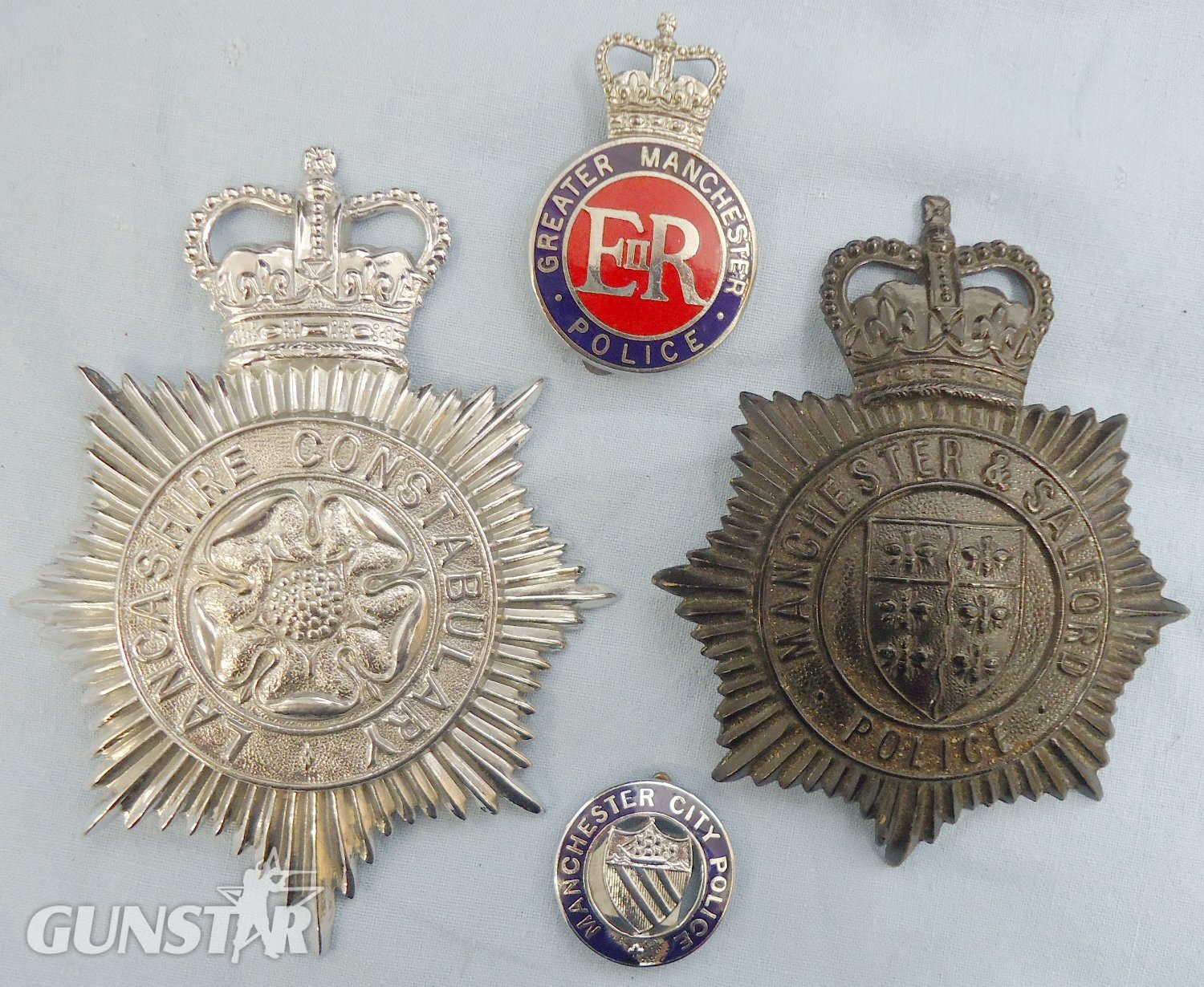 Set* Lancashire Constabulary, Manchester & Salford Police Helmet Plates and Manchester City Police and Greater Manchester Police Cap Badges. BA 889. Set* Lancashire Constabulary, Manchester & Salford Police Helmet Plates and Manchester City Police and Greater Manchester Police Cap Badges. BA 889.  Antique & Militaria in 