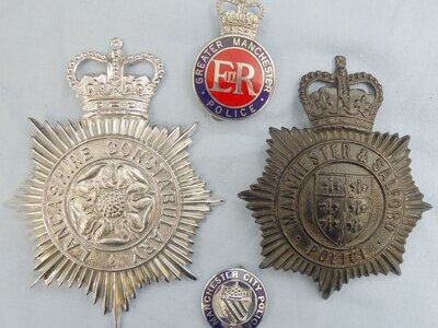 Set* Lancashire Constabulary, Manchester & Salford Police Helmet Plates and Manchester City Police and Greater Manchester Police Cap Badges. BA 889. Set* Lancashire Constabulary, Manchester & Salford Police Helmet Plates and Manchester City Police and Greater Manchester Police Cap Badges. BA 889.  Antique & Militaria