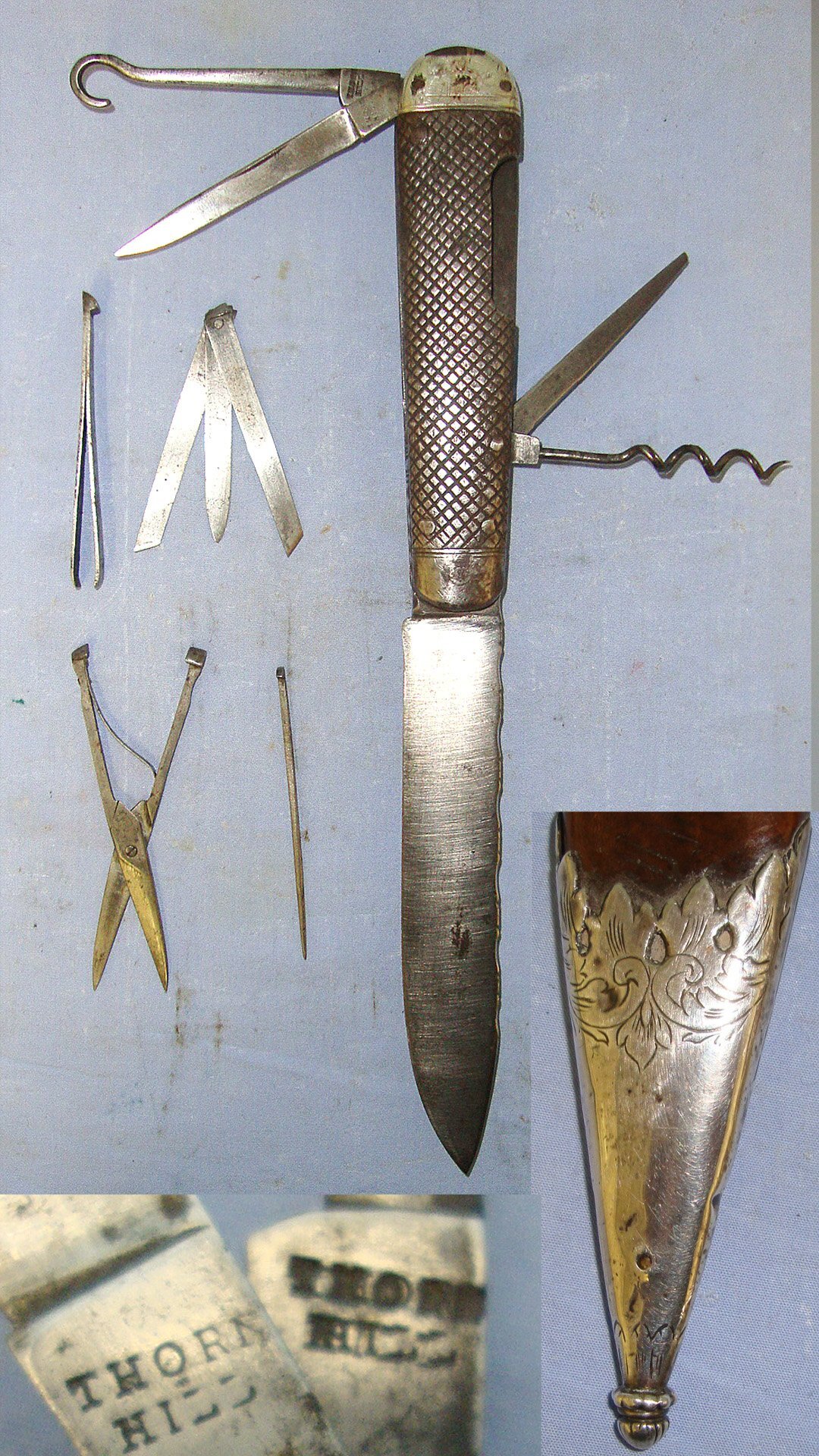 RARE**UNUSUAL**ALL SURGICAL STEEL**Victorian Thornhill (London, Cutler to The Queen & The Prince & Princess Of Wales) Bowie / Hunting Knife With Fold Out Muti Tools, Tool Inserts, Silver Bolsters & Original Leather Scabbard With Silver Chape. Sn 23144 Hunting Knive
