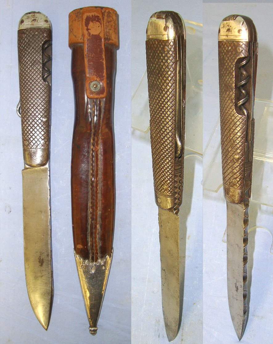  RARE**UNUSUAL**ALL SURGICAL STEEL**Victorian Thornhill (London, Cutler to The Queen & The Prince & Princess Of Wales) Bowie / Hunting Knife With Fold Out Muti Tools, Tool Inserts, Silver Bolsters & Original Leather Scabbard With Silver Chape. Sn 23144 Hunting Knive