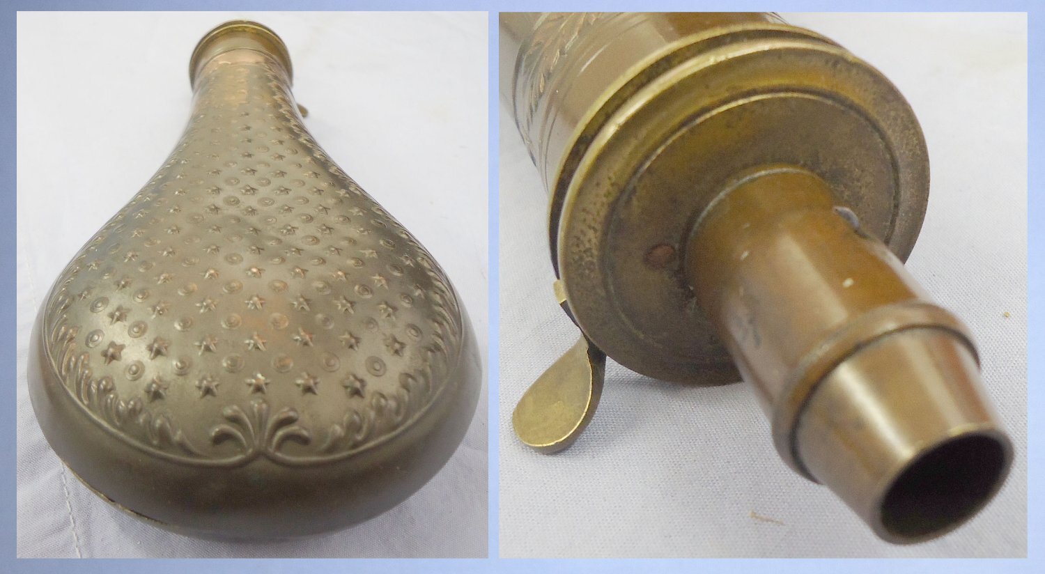 19th Century Gun Size Embossed Fluted Motif Design Copper Black Powder Flask with Sprung Brass Nozzle Charger. 22490:7 19th Century Gun Size Embossed Fluted Motif Design Copper Black Powder Flask with Sprung Brass Nozzle Charger. 22490:7 Other Accessory