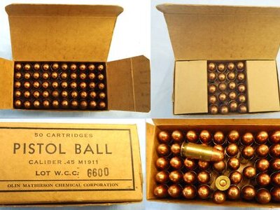 INERT DEACTIVATED. Original, MINT, Rare, Vietnam War Period (1962 Dated) American Service Pack of 50 .45 ACP Ball Rounds For Colt Automatic Pistols, Grease Gun and Thompson Sub-Machine Guns By WCC (Olin Mathieson Chemical Corporation). - O 2309 INERT DEACTIVATED. Original, MINT, Rare, Vietnam War Period (1962 Dated) American Service Pack of 50 .45 ACP Ball Rounds For Colt Automatic Pistols, Grease Gun and Thompson Sub-Machine Guns By WCC (Olin Mathieson Chemical Corporation). - O 2309 Various Other Ammunition