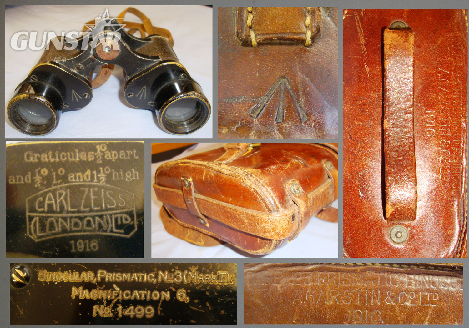 British WWI 1916 Dated Military Carl Zeiss, London Ltd. 6X Magnification Binoculars with Neck Strap and a Dated 1916 Leather Hard Case by A. Argastine & Co Ltd. OPT 796. British WWI 1916 Dated Military Carl Zeiss, London Ltd. 6X Magnification Binoculars with Neck Strap and a Dated 1916 Leather Hard Case by A. Argastine & Co Ltd. OPT 796. Sight & Optic