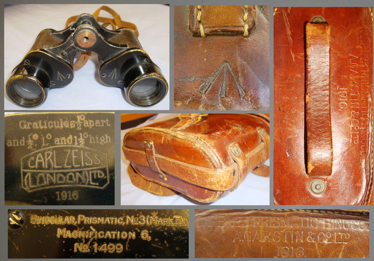British WWI 1916 Dated Military Carl Zeiss, London Ltd. 6X Magnification Binoculars with Neck Strap and a Dated 1916 Leather Hard Case by A. Argastine & Co Ltd. OPT 796. British WWI 1916 Dated Military Carl Zeiss, London Ltd. 6X Magnification Binoculars with Neck Strap and a Dated 1916 Leather Hard Case by A. Argastine & Co Ltd. OPT 796. Sight & Optic