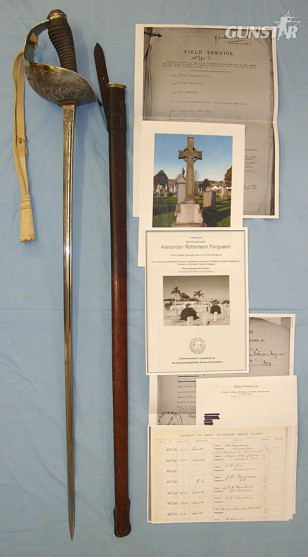 ATTRIBUTED**WW1 1915 British Henry Wilkinson P 1912 Cavalry Officer’s Sword Etched Monogram Blade Number 48745 To 2nd LT Ferguson Scottish Horse Yeomanry Killed Egypt 1916 With Field Service Scabbard & Provenance. Sn 23484:103 Sword in 